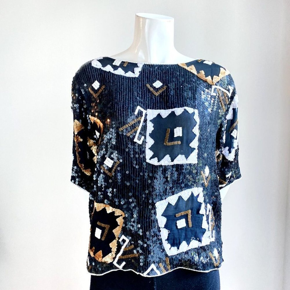 Chic Black and Gold Sequin Blouse